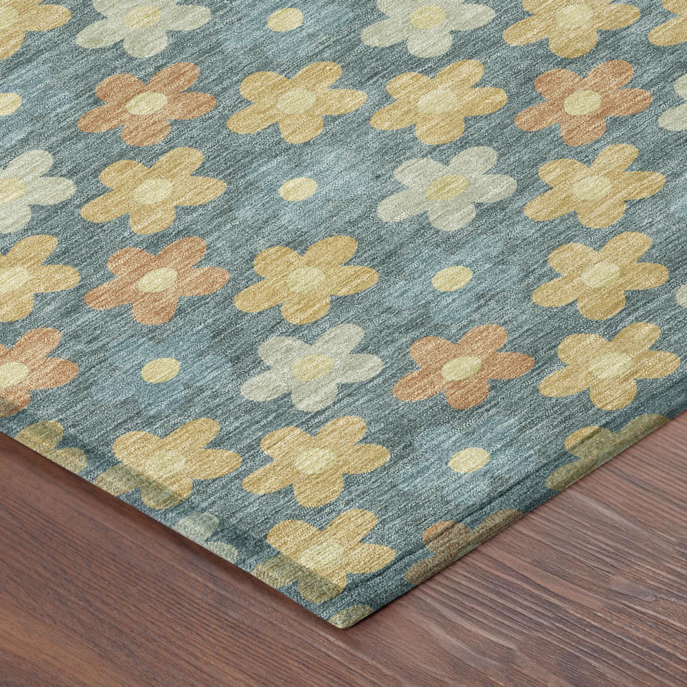Floral Polyester Area Rug Washable Teal Copper Tones for Indoor Outdoor Patio Living Room