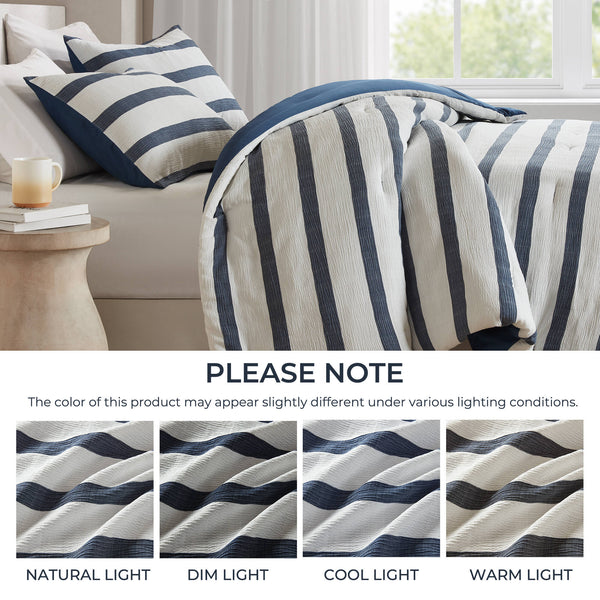 JLA Home Super Listing - Yarn-dyed Merritt striped comforter with woven tonal texture, subtle crinkle, OEKO-TEX quality, all-season cozy Blue AM10-0610
