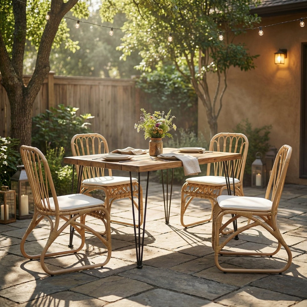 English Elm 5 Piece Outdoor Acacia Wood Dining Set with Woven Rattan Chairs for Patio N762S000009AAN