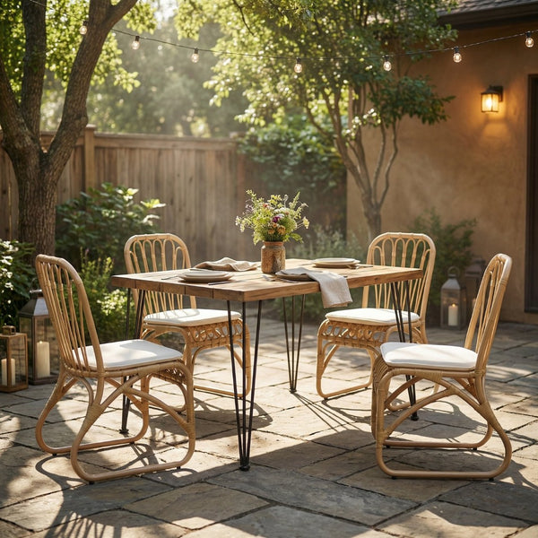 English Elm 5 Piece Outdoor Acacia Wood Dining Set with Woven Rattan Chairs for Patio N762S000009AAN