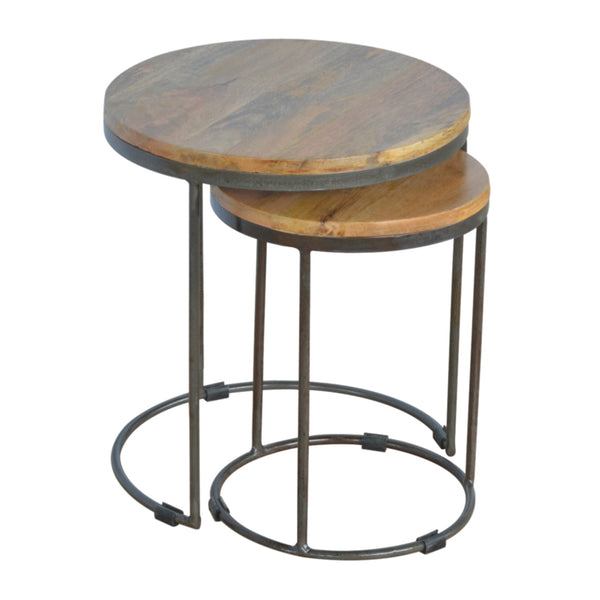 English Elm Solid Solid wood round stool with iron base set of 2 – 100% mango wood tops, industrial oak finish, nesting design Brown+Black B182P186200