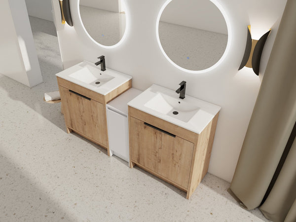 English Elm 72 Inch Freestanding Bathroom Vanity With Ceramic Sink, Soft-Close Doors, And Ample Storage Space W999S00323