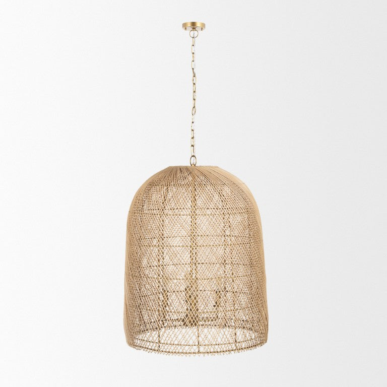 HomeRoots Gold Four Light Rattan Chandelier Dimmable Bohemian Pendant for Living Spaces 731405