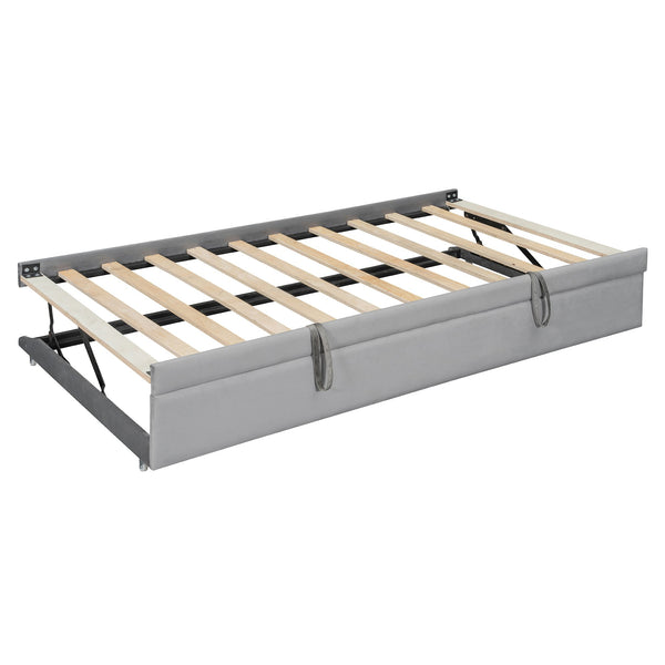 English Elm Twin Upholstered Daybed with Pull-Up Trundle, Velvet High Back with Shelves, Flip Storage & USB Gray SF000194AAE