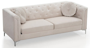 English Elm Pompano Velvet Mid-Century Sofa with Button Tufting, Chrome Legs & Nailhead Trim, Pocket Coil Comfort Ivory 26 L x 38 W x 29 H B078S00516