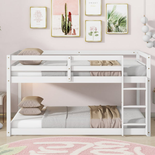 English Elm Solid Rubberwood Twin-Over-Twin Floor Bunk Bed With Ladder, Sturdy Slats & Stylish White Finish W504P191666-GIGA