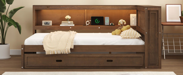 English Elm Full Pine Daybed with Trundle Sliding Storage Shelves Led Lighting and Usb Charging Wood GX004003AAD