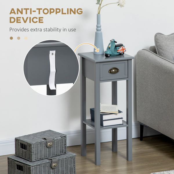 English Elm HOMCOM Narrow 2-Tier Side Table with Drawer and Elevated Shelf — Slim Accent End Table, Sturdy Storage Grey W2225P200908