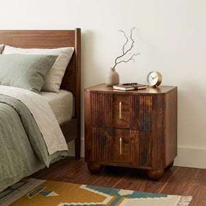 21 Inch Chestnut Solid Wood Nightstand with Ribbed Detail and Two Storage Drawers