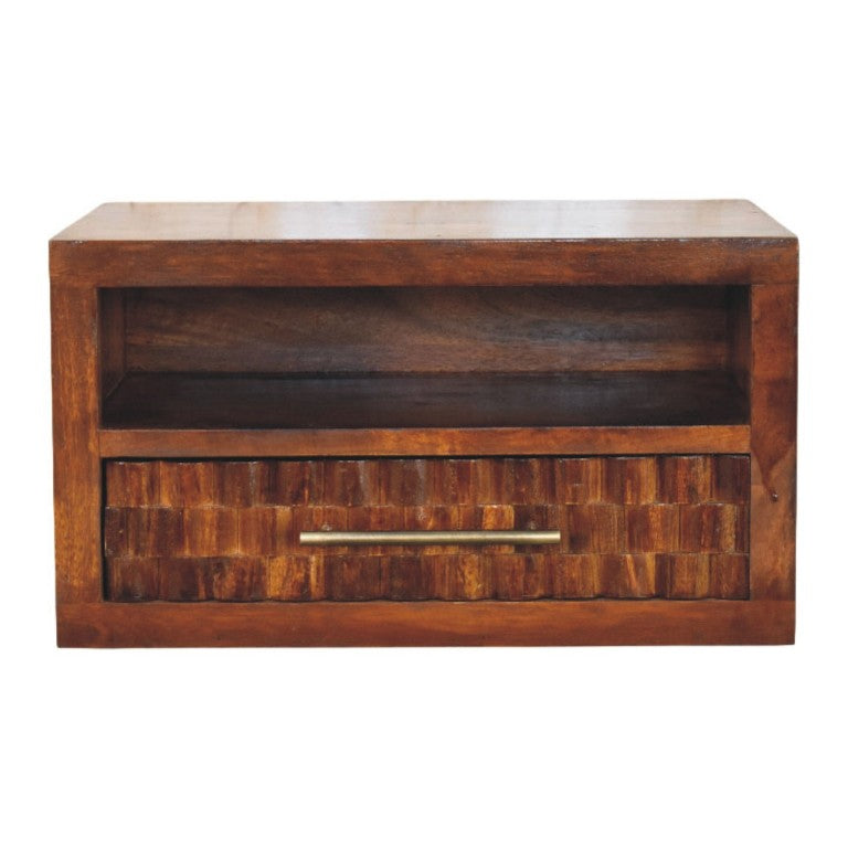 HomeRoots 18 Inch Chestnut Solid Wood Floating Nightstand with Carved Geometric Single Drawer 731539