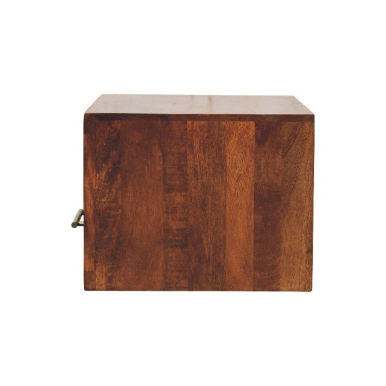 HomeRoots 18 Inch Chestnut Solid Wood Floating Nightstand with Carved Geometric Single Drawer 731539
