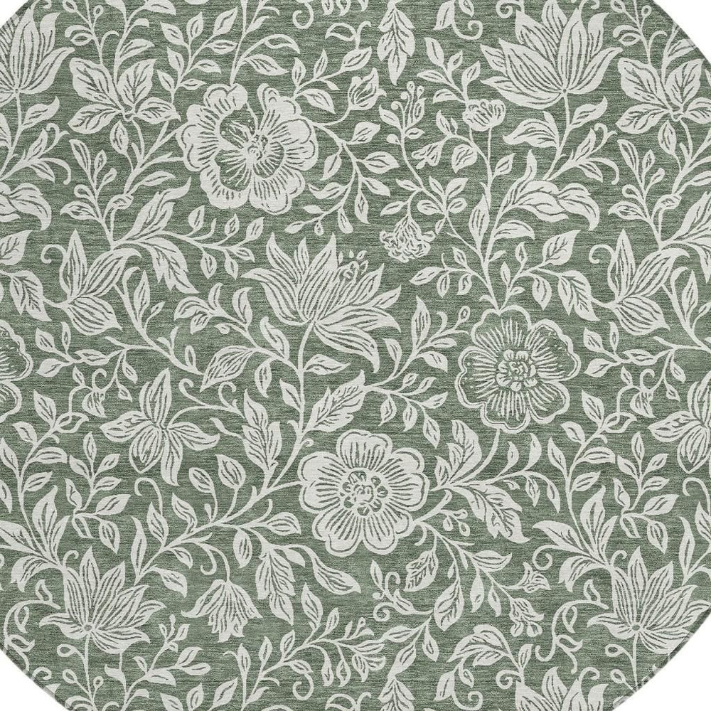 HomeRoots 8 Ft Round Floral Polyester Rug Washable Indoor Outdoor Patio Transitional Style 731554