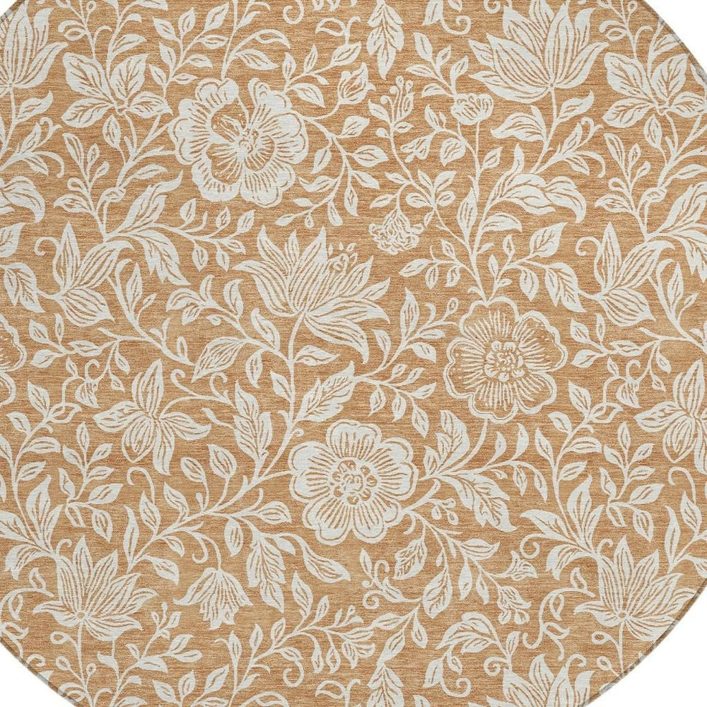 HomeRoots 8 Ft Round Floral Polyester Area Rug Washable for Indoor Outdoor Patios and Foyers 731578
