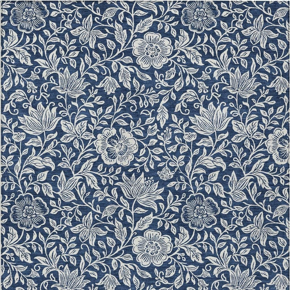 HomeRoots 5x8 Floral Polyester Area Rug Navy Ivory Washable Indoor Outdoor Patio Decor 731613