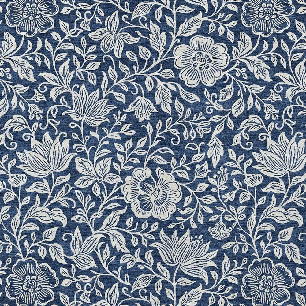 HomeRoots 10 X 14 Floral Polyester Area Rug Washable Indoor Outdoor Navy Ivory Classic 731617
