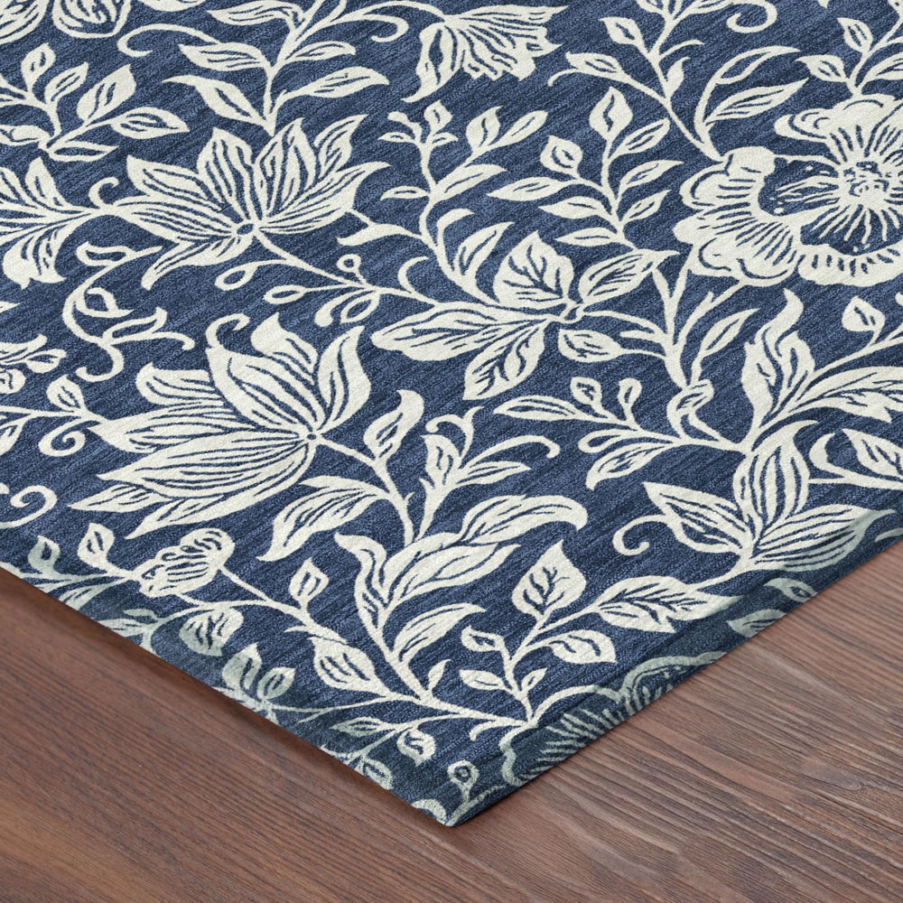 HomeRoots 10 X 14 Floral Polyester Area Rug Washable Indoor Outdoor Navy Ivory Classic 731617