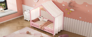 English Elm Montessori House Bed Frame Twin with Canopy & Full Guardrails, Cozy Kids Platform Bed for Toddlers Pink 81.5 L x 16 W x 6.6 H N733P356043H