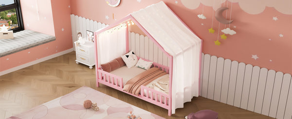 English Elm Montessori House Bed Frame Twin with Canopy & Full Guardrails, Cozy Kids Platform Bed for Toddlers Pink 81.5 L x 16 W x 6.6 H N733P356043H