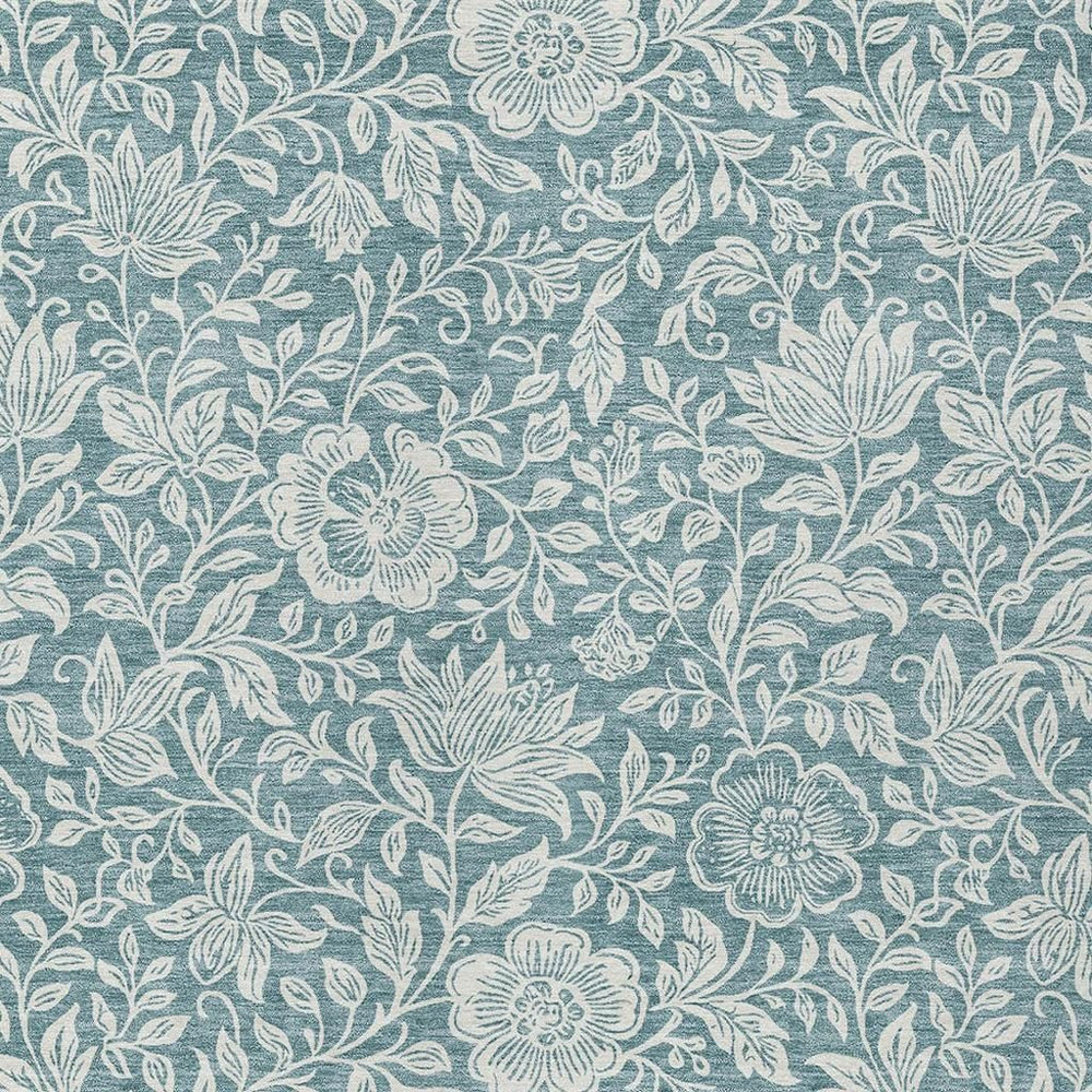 HomeRoots 9 X 12 Floral Polyester Area Rug Washable Teal Ivory for Patio or Living Room 731646