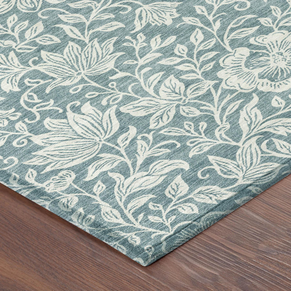 HomeRoots 9 X 12 Floral Polyester Area Rug Washable Teal Ivory for Patio or Living Room 731646