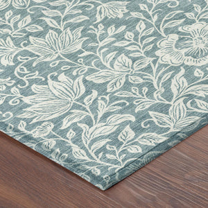 9 X 12 Floral Polyester Area Rug Washable Teal Ivory for Patio or Living Room
