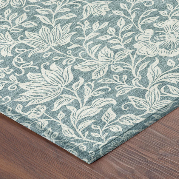 9 X 12 Floral Polyester Area Rug Washable Teal Ivory for Patio or Living Room