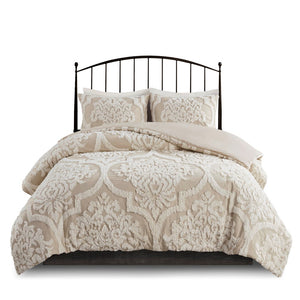 English Elm King/Cal Viola 3-Piece Tufted Cotton Chenille Damask Duvet Cover Set – OEKO-TEX, Button Closure, Cottage Chic Comfort B03597348