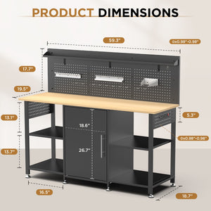 English Elm 60 Inch Garage Workbench Solid Wood Top Steel Frame with Cabinet Pegboard and Power Outlet W3190P410167
