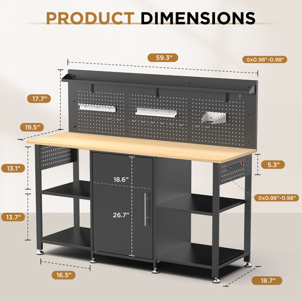 English Elm 60 Inch Garage Workbench Solid Wood Top Steel Frame with Cabinet Pegboard and Power Outlet W3190P410167