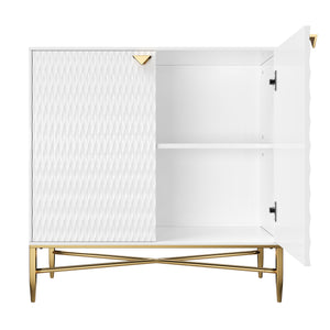 English Elm White Modern 2-Door Locker Accent Cabinet with Raised Diamond Front, Brass Tapered Legs, Storage Elegance T3609P333096