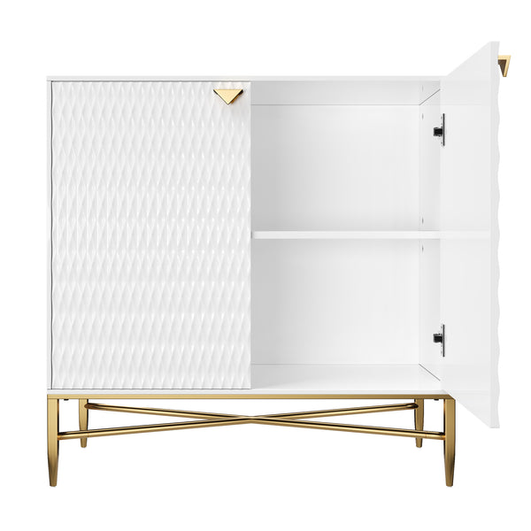 English Elm White Modern 2-Door Locker Accent Cabinet with Raised Diamond Front, Brass Tapered Legs, Storage Elegance T3609P333096