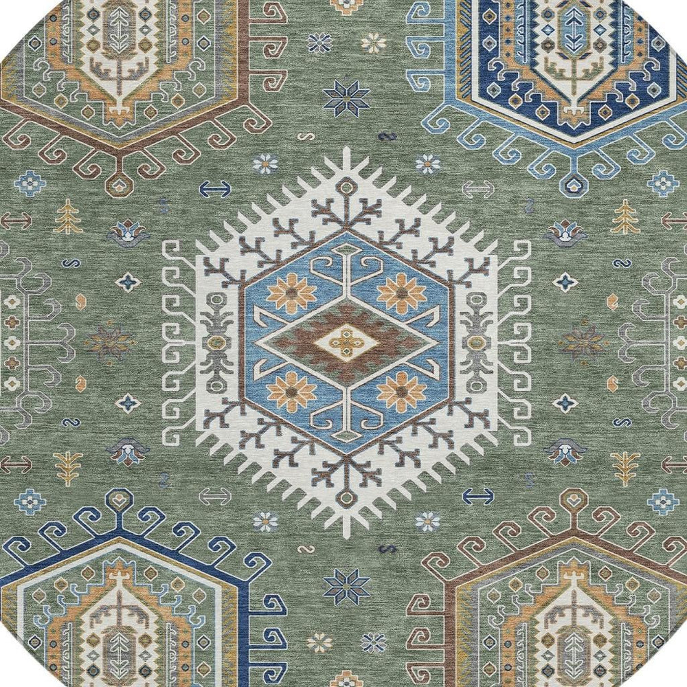 HomeRoots 8 Foot Round Tribal Geometric Polyester Rug Washable for Patio Porch or Entryway 731710
