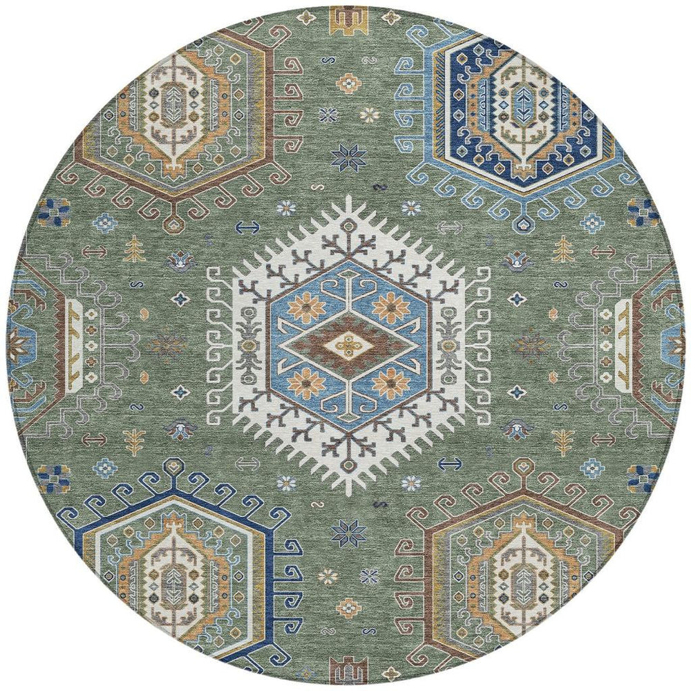 HomeRoots 8 Foot Round Tribal Geometric Polyester Rug Washable for Patio Porch or Entryway 731710