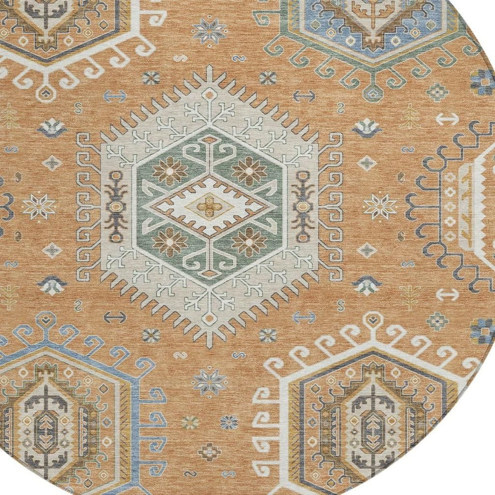 HomeRoots 8 Ft Round Washable Polyester Rug Tribal Geometric Pattern Indoor Outdoor Use 731734