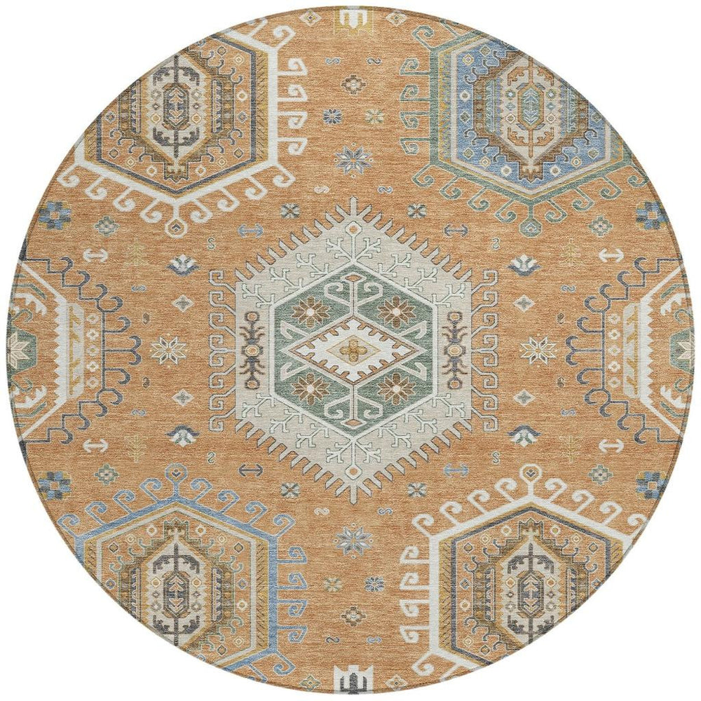 HomeRoots 8 Ft Round Washable Polyester Rug Tribal Geometric Pattern Indoor Outdoor Use 731734