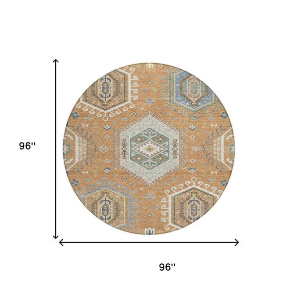 8 Ft Round Washable Polyester Rug Tribal Geometric Pattern Indoor Outdoor Use