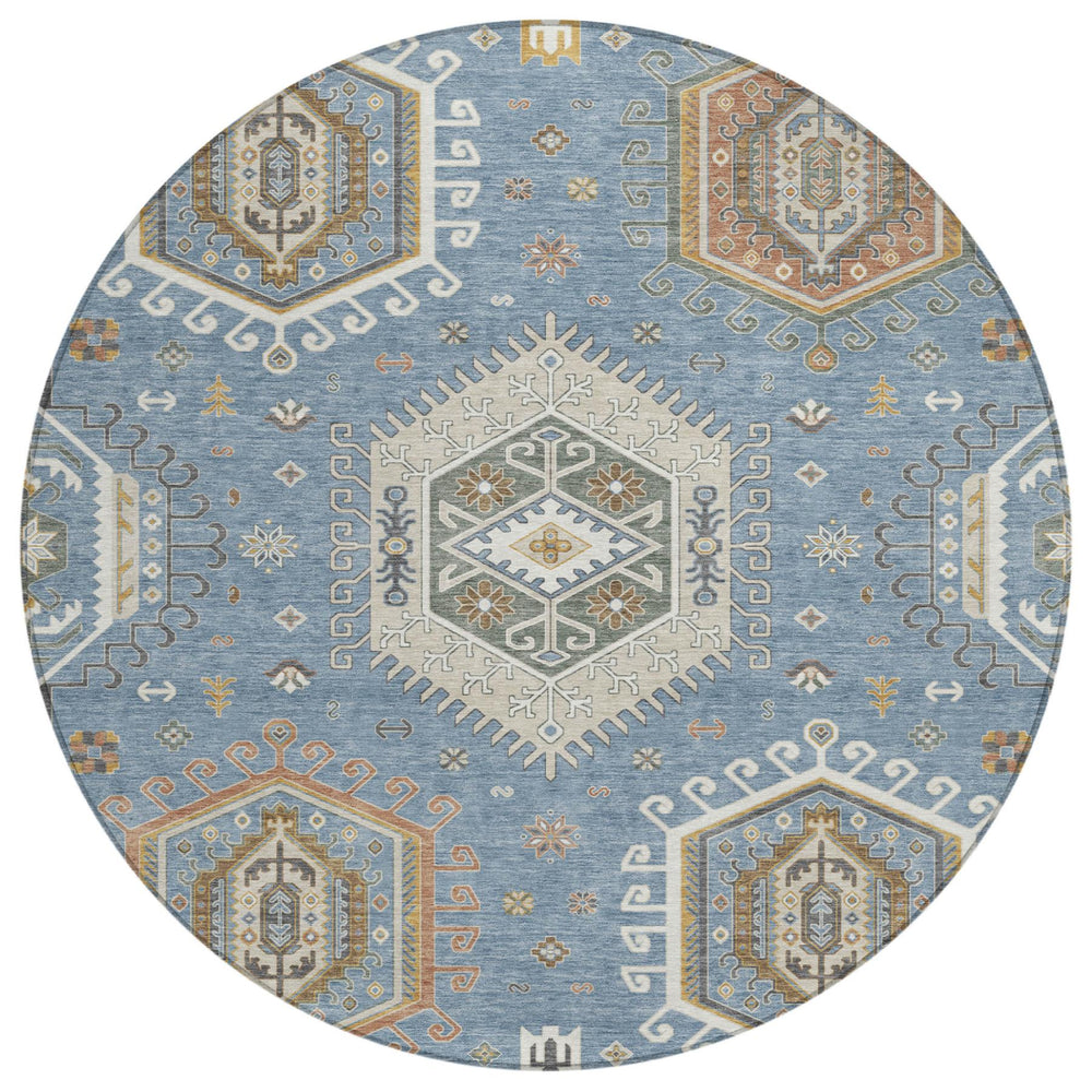 8 Foot Round Tribal Geometric Indoor Outdoor Rug Washable Polyester Coastal Decor