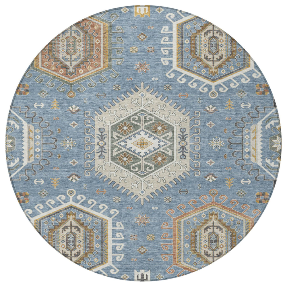 8 Foot Round Tribal Geometric Indoor Outdoor Rug Washable Polyester Coastal Decor