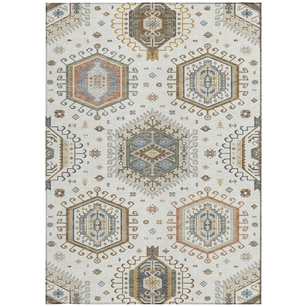 Ivory Beige Tribal Polyester Washable Area Rug for Indoor Outdoor Patio and Family Rooms