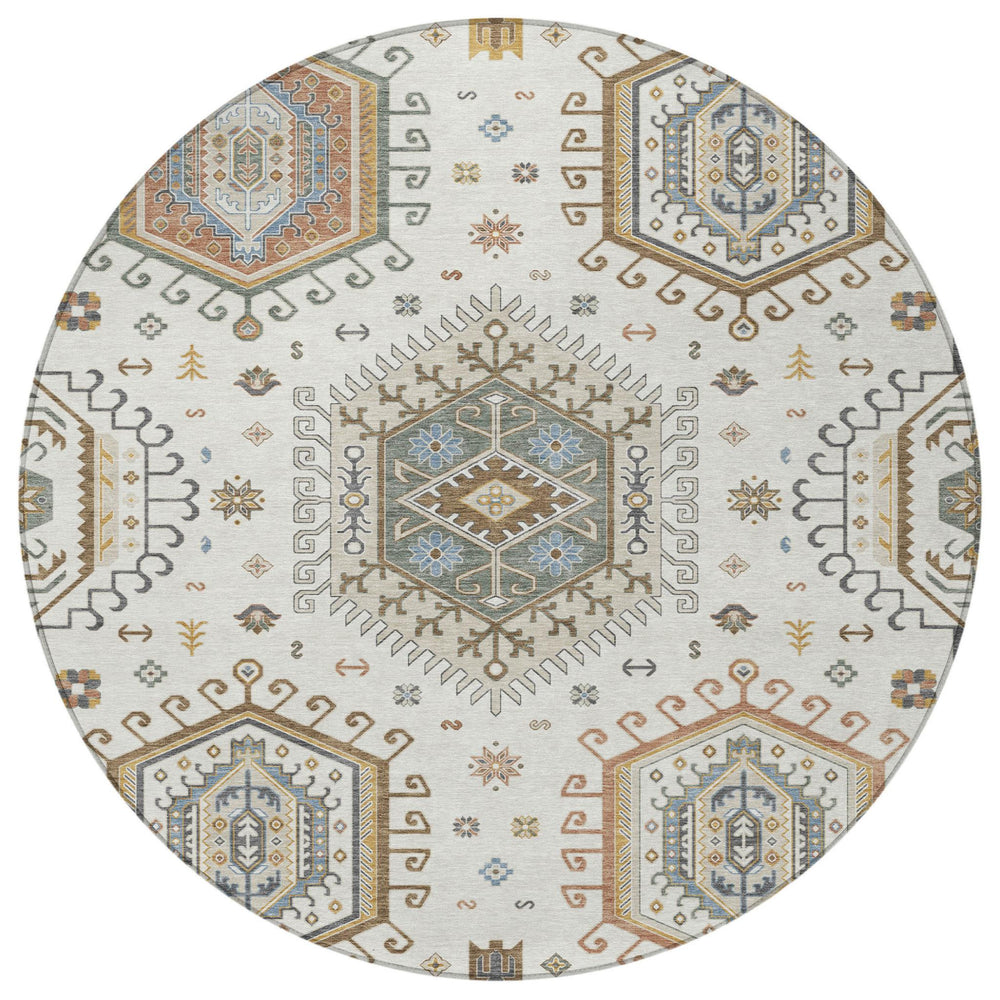 8 Ft Round Tribal Geometric Polyester Area Rug Washable Low Pile Indoor Outdoor