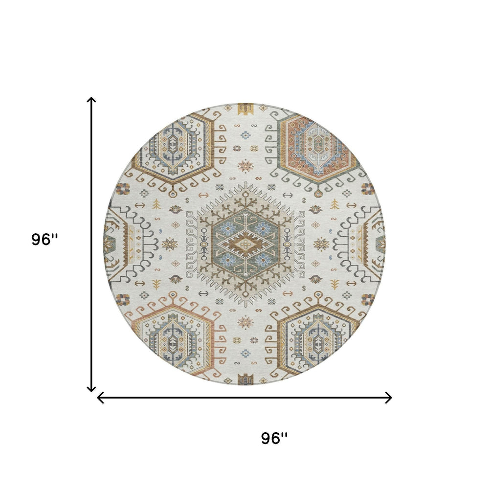8 Ft Round Tribal Geometric Polyester Area Rug Washable Low Pile Indoor Outdoor