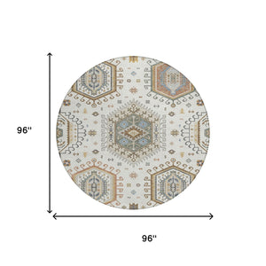 8 Ft Round Tribal Geometric Polyester Area Rug Washable Low Pile Indoor Outdoor