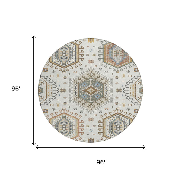 8 Ft Round Tribal Geometric Polyester Area Rug Washable Low Pile Indoor Outdoor