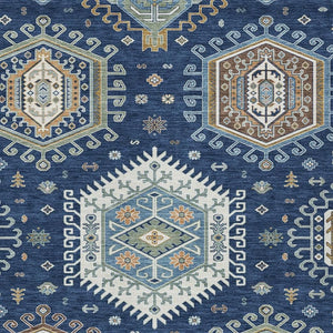 HomeRoots 5x8 Tribal Polyester Area Rug Machine Washable Navy Ivory Indoor Outdoor Use 731751