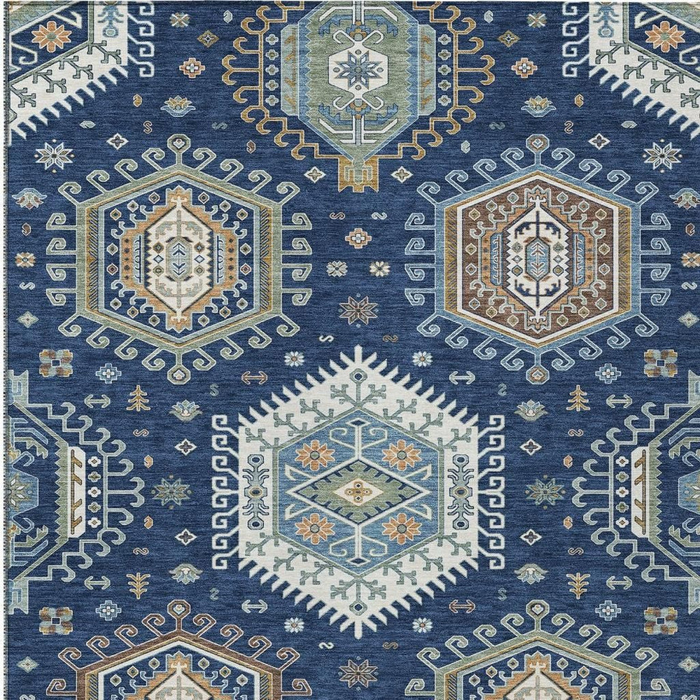 HomeRoots 5x8 Tribal Polyester Area Rug Machine Washable Navy Ivory Indoor Outdoor Use 731751