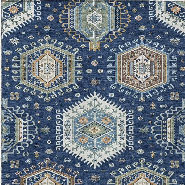 5x8 Tribal Polyester Area Rug Machine Washable Navy Ivory Indoor Outdoor Use
