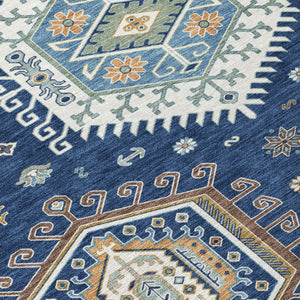 5x8 Tribal Polyester Area Rug Machine Washable Navy Ivory Indoor Outdoor Use