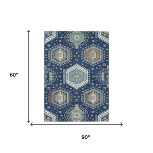 5x8 Tribal Polyester Area Rug Machine Washable Navy Ivory Indoor Outdoor Use