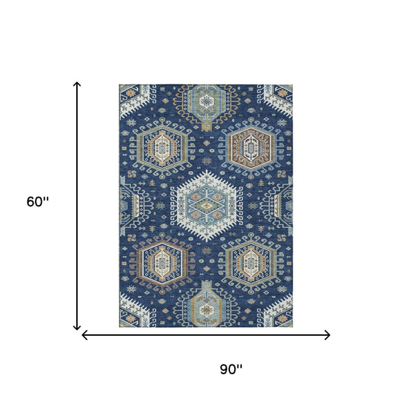 5x8 Tribal Polyester Area Rug Machine Washable Navy Ivory Indoor Outdoor Use