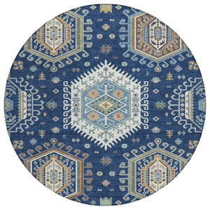 8 Ft Round Tribal Geometric Polyester Rug Navy Ivory Indoor Outdoor Washable